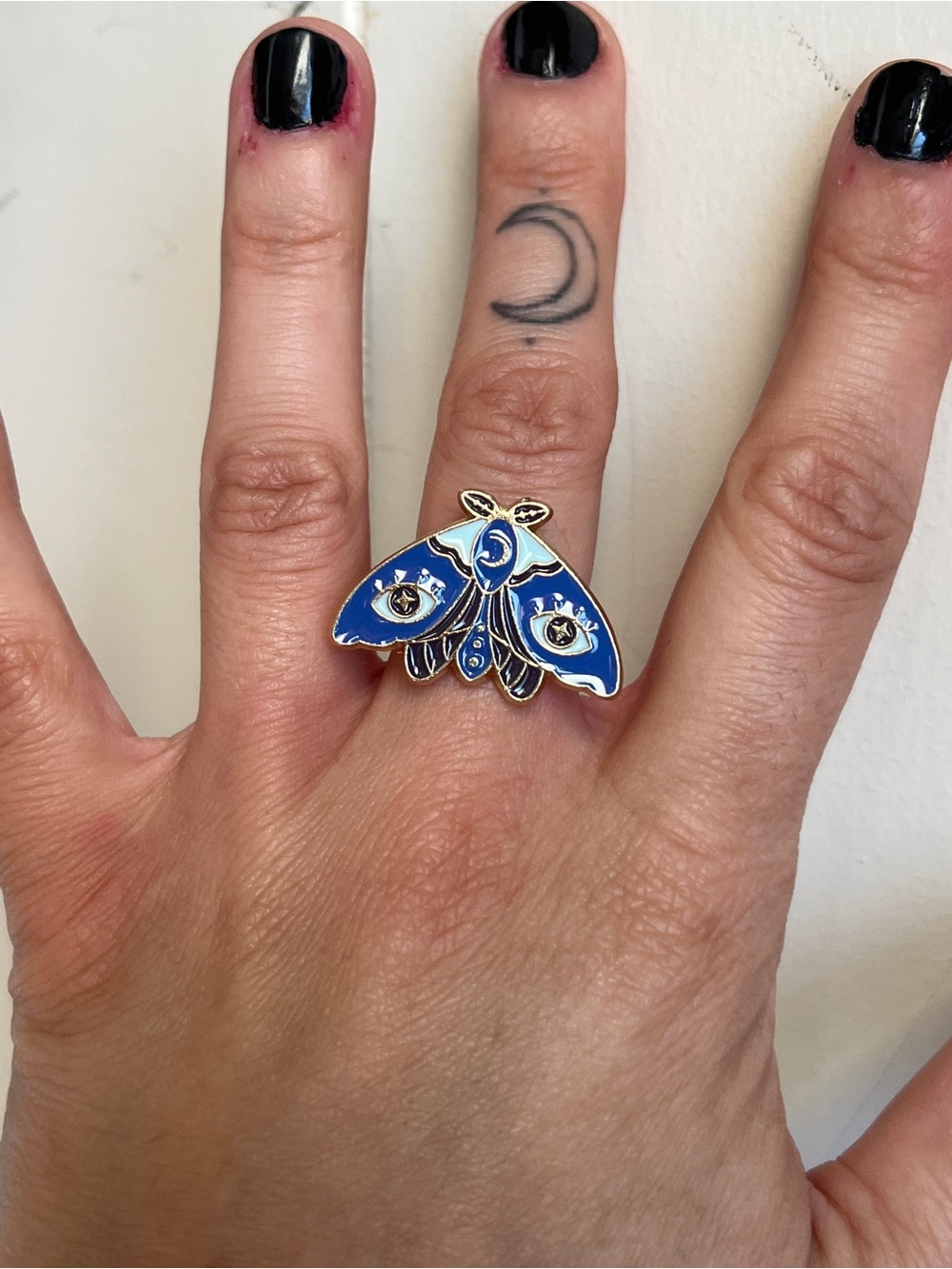 Blue Moth Enamel Ring - Women's Statement Jewelry